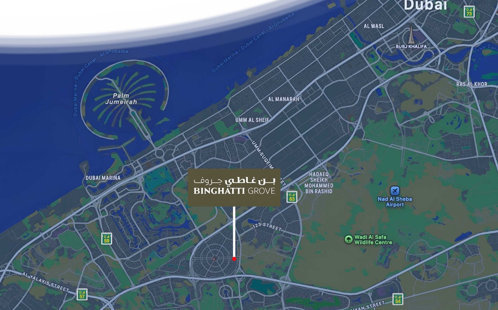 Joylashuv xaritasi: Binghatti Grove, Jumeirah Village Circle